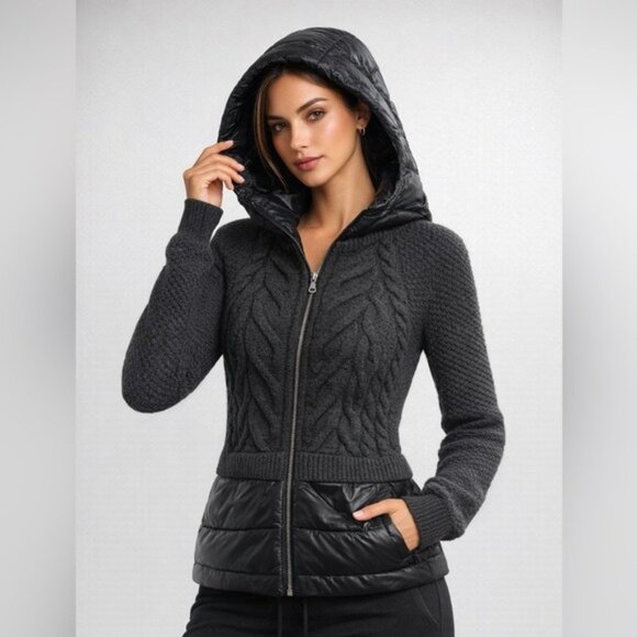 Anatomie Nina Black Knit & Puffer Hooded Jacket XS Utilitycore Quiet Luxury